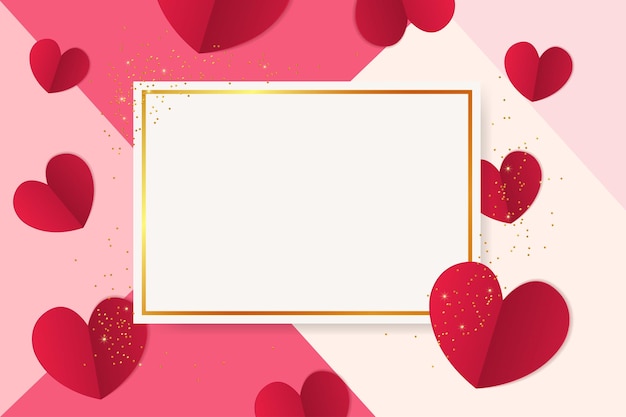 Vector valentine's day background with paper hearts and gold sparkles