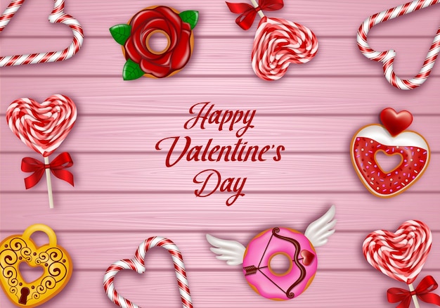 Vector valentine's day background with sweets. valentine card with lollipops, candy canes and donuts