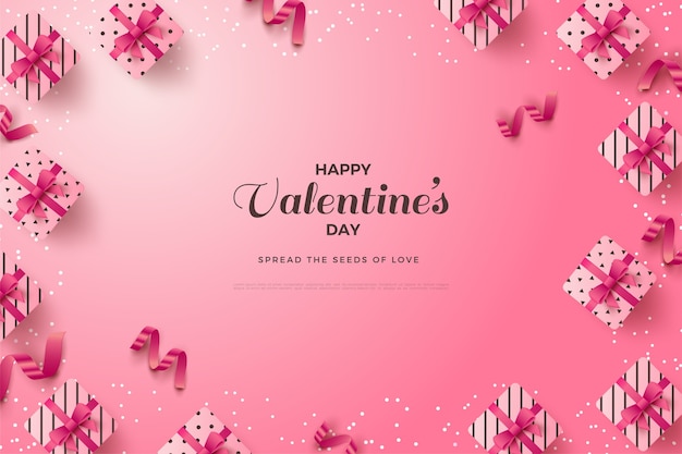 Valentine's day background with writing around gift boxes and pink ribbons.