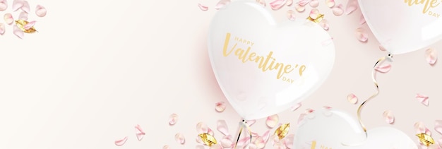 Valentine's day banner. White heart shaped balloon with pink rose petals, golden leaves.