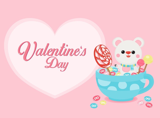 Vector valentine's day banner with cute bear on pastel background.