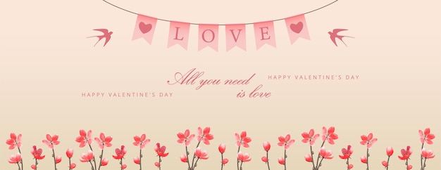 Valentine's day banner with flowers and hanging decorative festive pennants with the text love