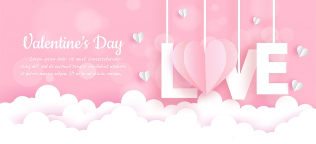 Valentine's day banner with hearts in paper cut style