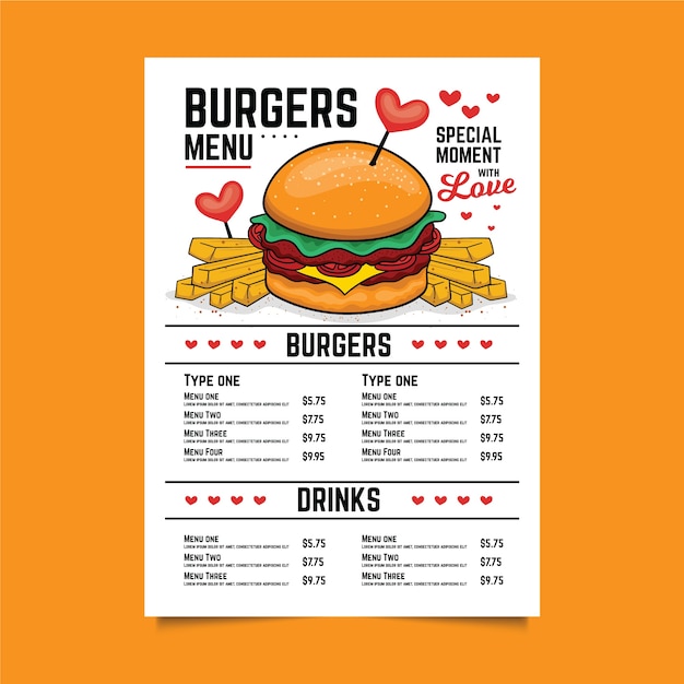Modello di menu di hamburger di san valentino