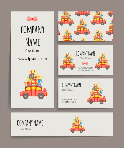 Valentine's Day business card with delivery car. Cartoon style. Vector illustration.