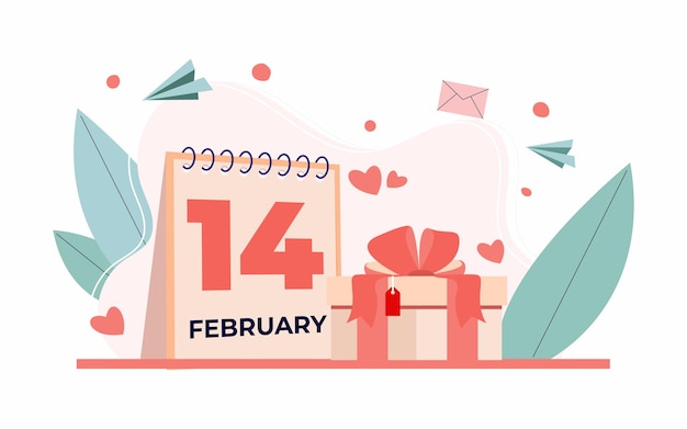Vector valentine's day calendar february 14 valentine's day with gifts beautiful valentines card.