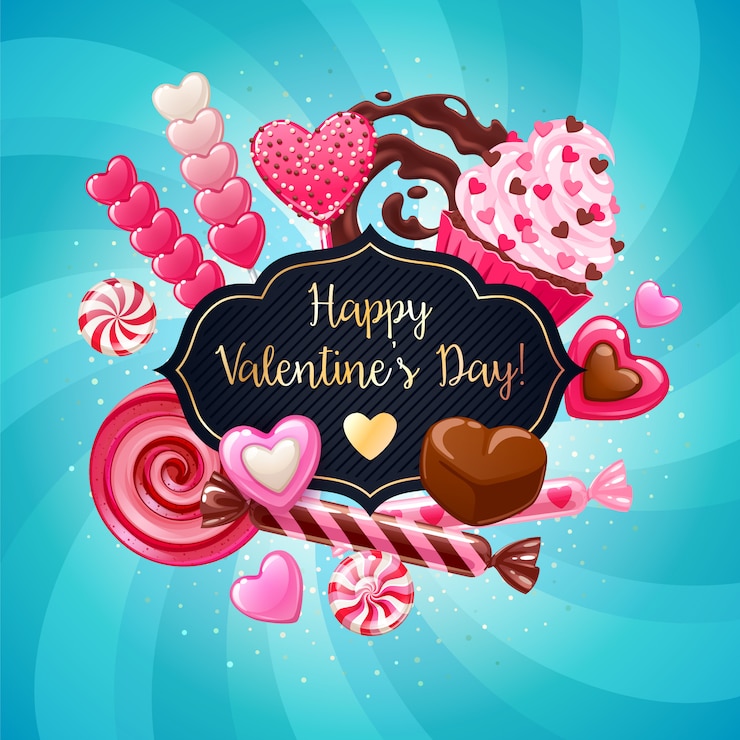 Valentine's Day candies and sweets colorful background.