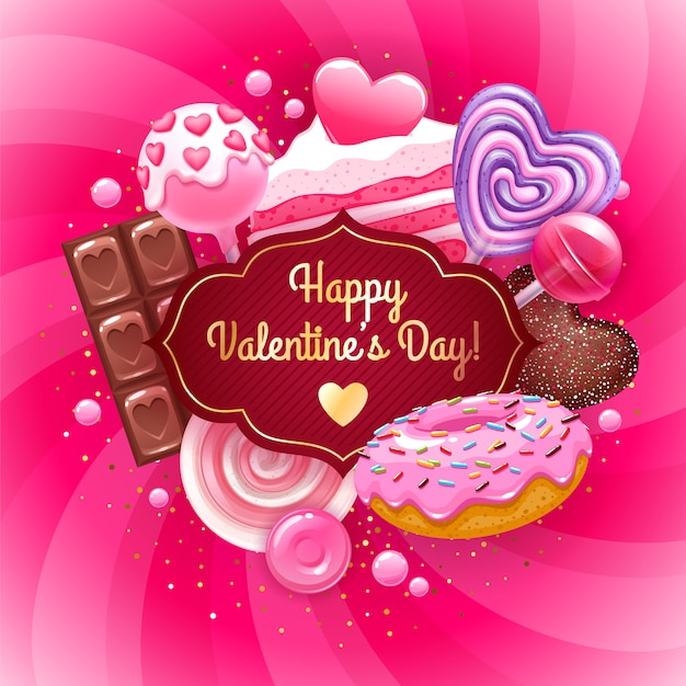 Vector valentine's day candies and sweets colorful background.