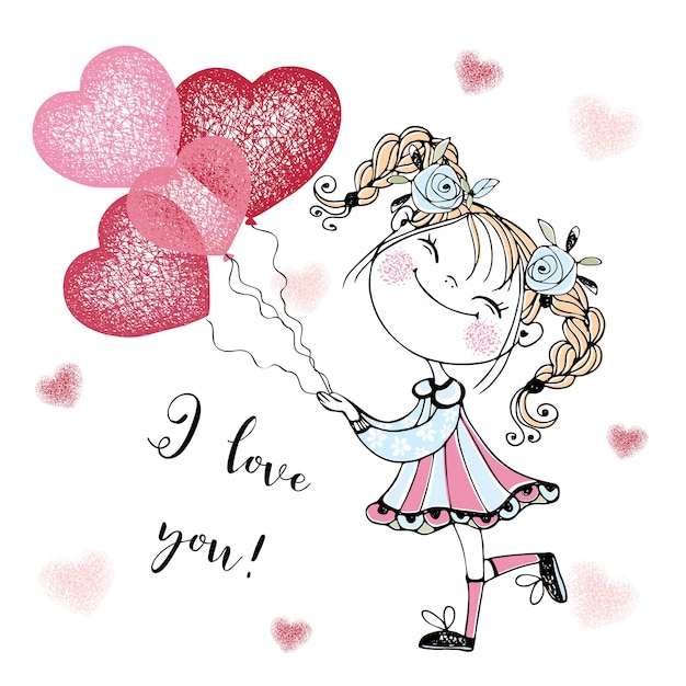 A valentine's day card. cute girl with balloon hearts. i love you. vector