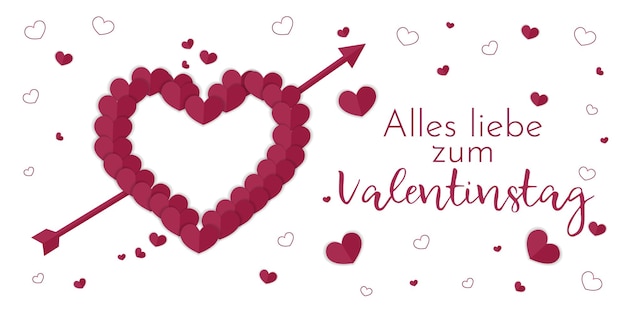 Valentine's Day card dark purple paper hearts on a white background Alles liebe zum Valentinstag German Text Translation Happy Valentine's Day