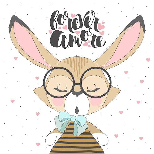 Valentine's day  card. romantic bunny and hand lettering forever amore