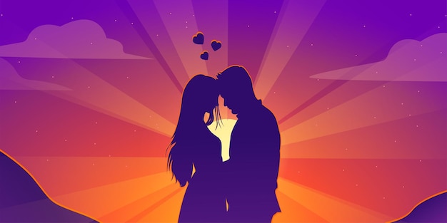 Vector valentine's day card. silhouette of a couple in love against the backdrop of a sunset in a tropical