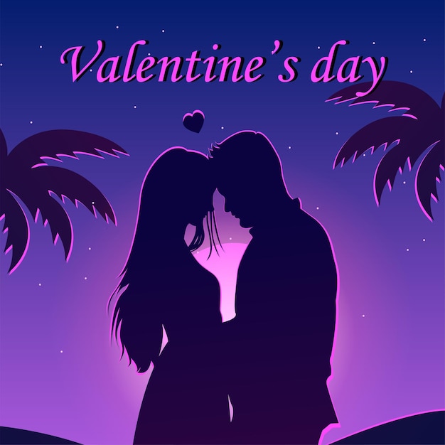 Valentine's Day card. Silhouette of a couple in love against the backdrop of a sunset in a tropical