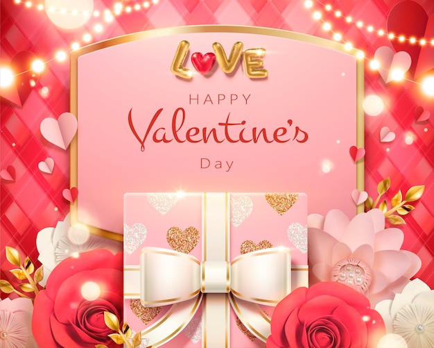 3d 그림에서 선물 상자와 종이 장미와 발렌타인 카드 템플릿