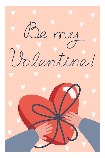 Vector valentine's day card with box of chocolates in hands in flat style