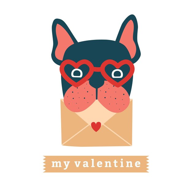 Valentine's Day card with cute illustration of dog face with love letter in teeth. French bulldog.