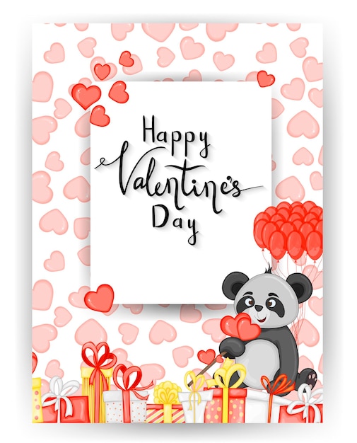 Valentine's Day card with cute panda Cartoon style Vector illustration