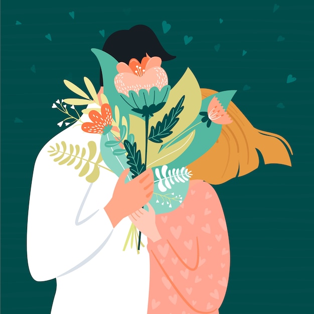 행복 한 커플 발렌타인 카드입니다. 그의 여자에 게 꽃의 꽃다발을주는 남자. 벡터 일러스트입니다.
