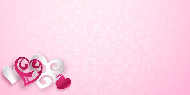 Carta di san valentino con cuori rossi e bianchi con riccioli e ombre su sfondo rosa