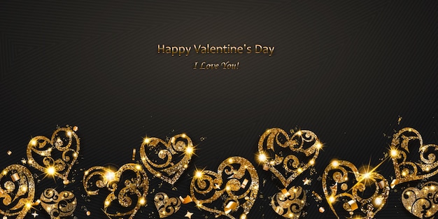 Valentine's day card with shiny hearts of golden sparkles with glares and shadows on dark background