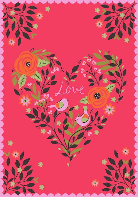 Valentine s day card with twigs and birds Vector graphics