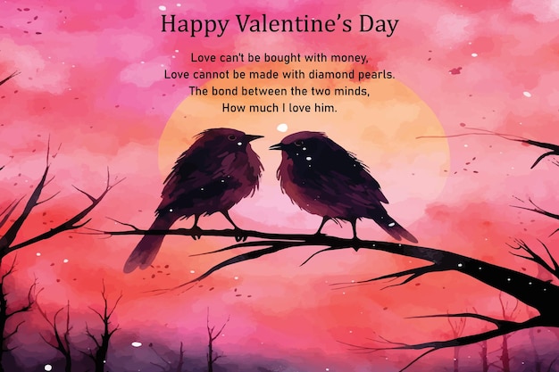 Vettore una carta di san valentino con due uccelli su un ramo