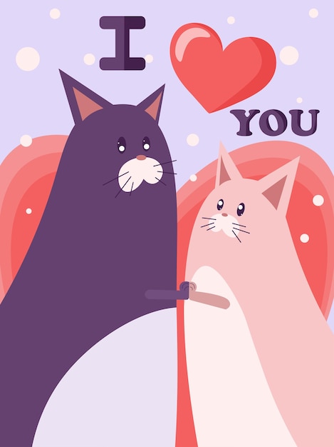 Two Cats in Love. Valentine Day Greeting Card. Vector Illustration