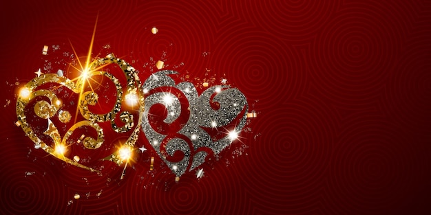 빨간색 배경에 눈부심과 그림자가 있는 은색과 황금색 반짝이는 두 개의 반짝이는 하트가 있는 발렌타인 데이 카드