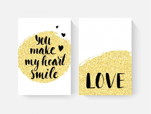 Cartoline di san valentino con lettring a mano e dettagli glitter oro