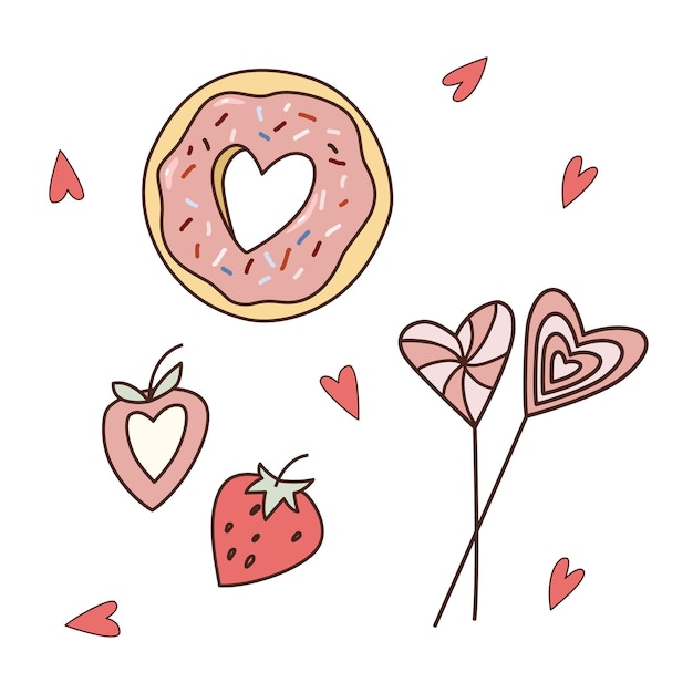 Valentine's day cartoon doodle food vector illustration donut with heart strawberry and lollipops