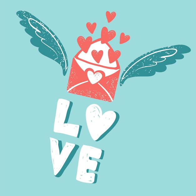 Valentine's day clip art. Envelope with wings and hearts, love postcard with letters.