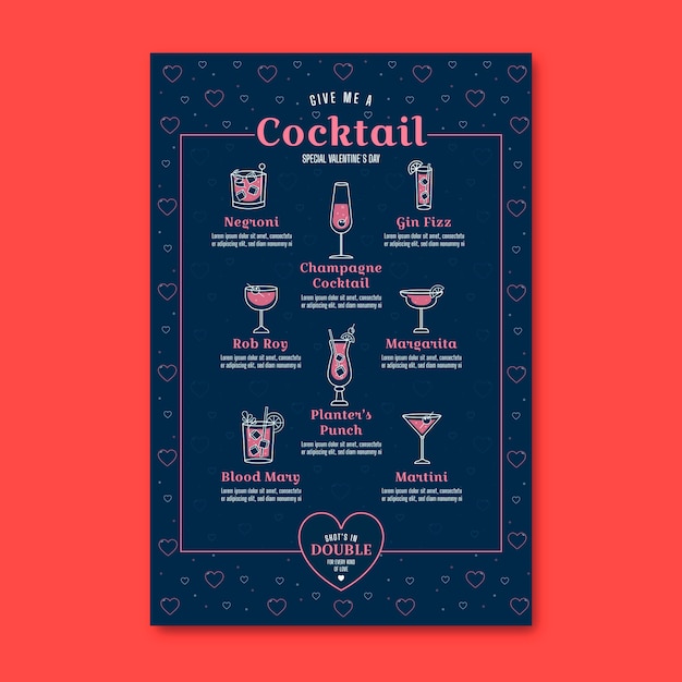 Vettore menu del ristorante cocktail di san valentino