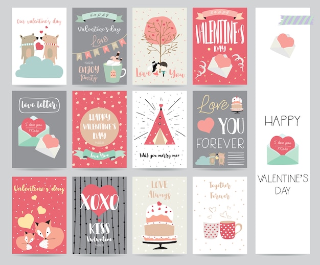 valentine's day collection for banners, placards with cake, letter, ribbon, bear, heart and fox