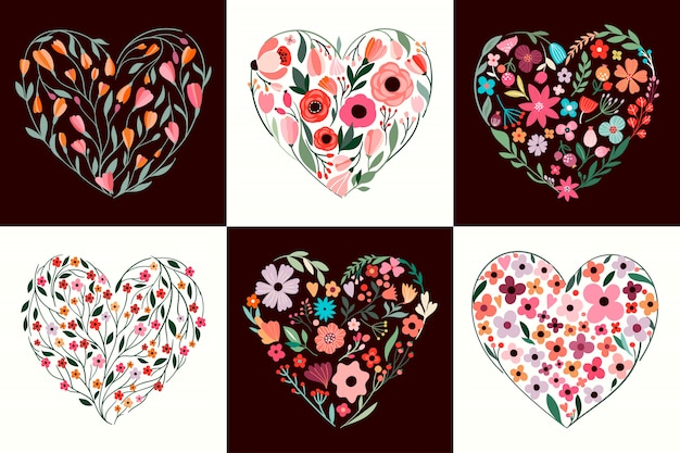 Коллекция ко дню Святого Валентина с разными цветочными сердечками