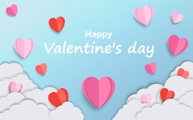 Valentine's day concept background 3d red and pink paper cut hearts with white clouds Vector illustration
