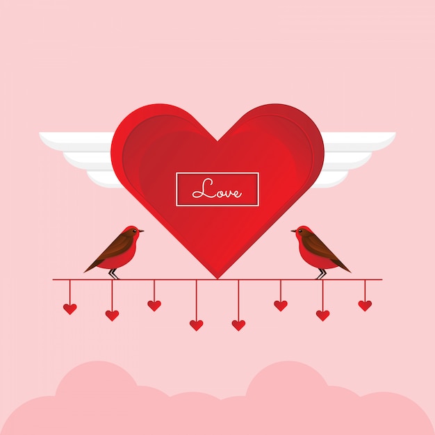 Valentine's day concept. Cute couple lover birds on the red branch