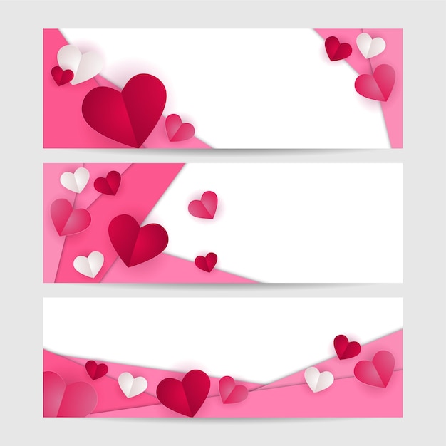 Cornice del concetto di san valentino. illustrazione vettoriale. cuori di carta rossi e rosa 3d su fondo geometrico. banner di vendita di amore carino o biglietto di auguri