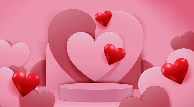 Vector valentine's day concept. paper cut style heart shape. podium design