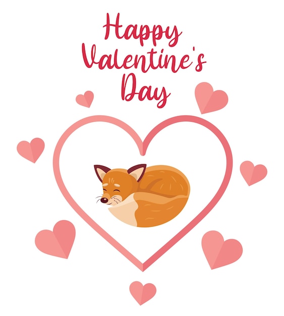 Valentine's day concept. Postcard Valentine's Day. Cute red fox. Vector in flat style.