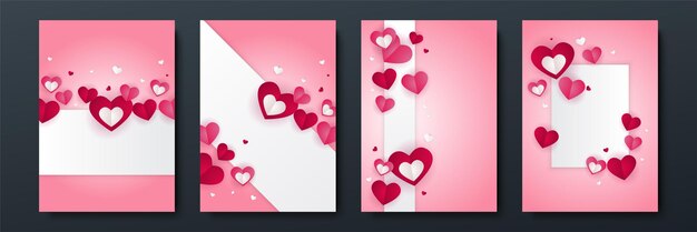 Set di poster di concetto di san valentino. illustrazione vettoriale. 3d cuori di carta rossi e rosa con cornice su sfondo geometrico. simpatici banner di vendita di amore o biglietti di auguri