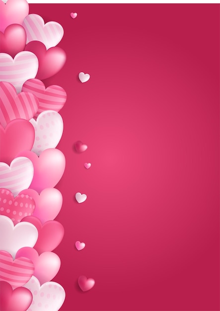 Poster di concetto di san valentino. illustrazione vettoriale. 3d cuori di carta rossi e rosa con cornice su sfondo geometrico. simpatici banner di vendita di amore o biglietti di auguri