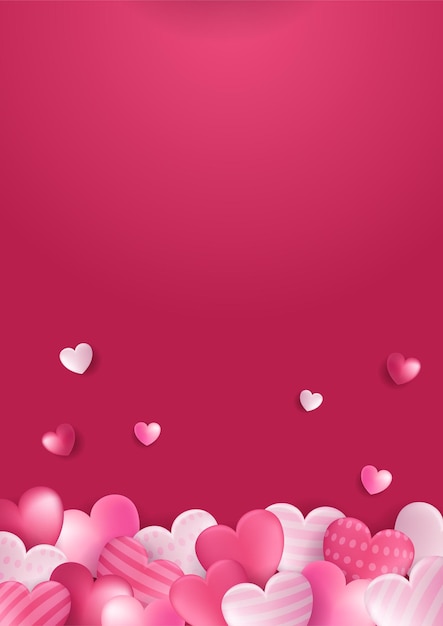 Poster di concetto di san valentino. illustrazione vettoriale. 3d cuori di carta rossi e rosa con cornice su sfondo geometrico. simpatici banner di vendita di amore o biglietti di auguri