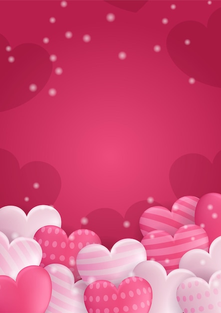 Poster di concetto di san valentino. illustrazione vettoriale. 3d cuori di carta rossi e rosa con cornice su sfondo geometrico. simpatici banner di vendita di amore o biglietti di auguri