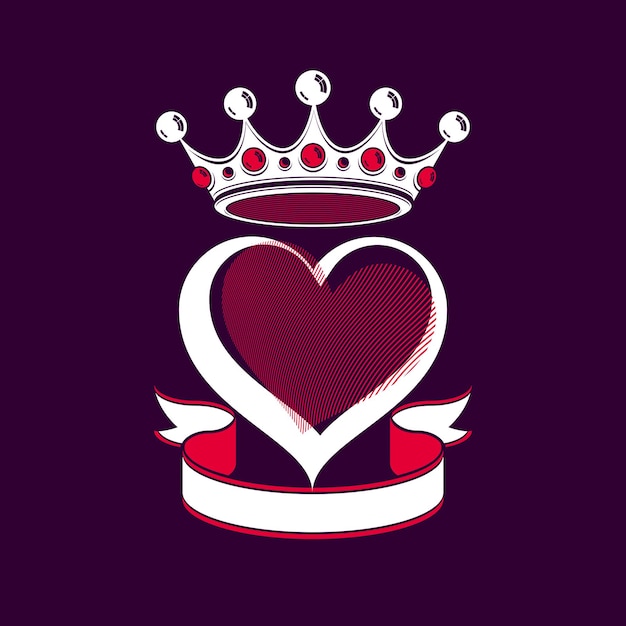 Valentine’s day conceptual illustration – loving heart with 3d royal crown. Wedding idea romantic element, best for use in graphic design.