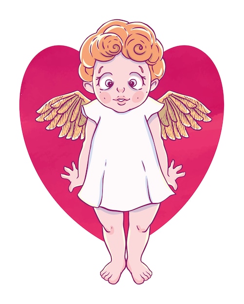 Valentine's day. Confused Cupid-girl with gold wings and heart shape