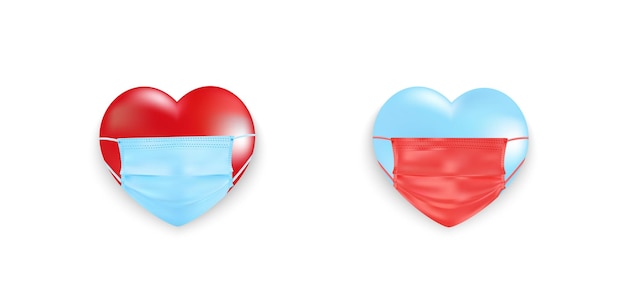 Valentine's Day and COVID-19 with Symbol of heart from medical mask on red background.