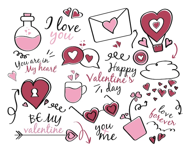 Vector valentine's day cute background with letter heart cloud cup flower