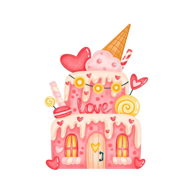 Illustrazione sveglia della casa della torta della caramella di san valentino isolata