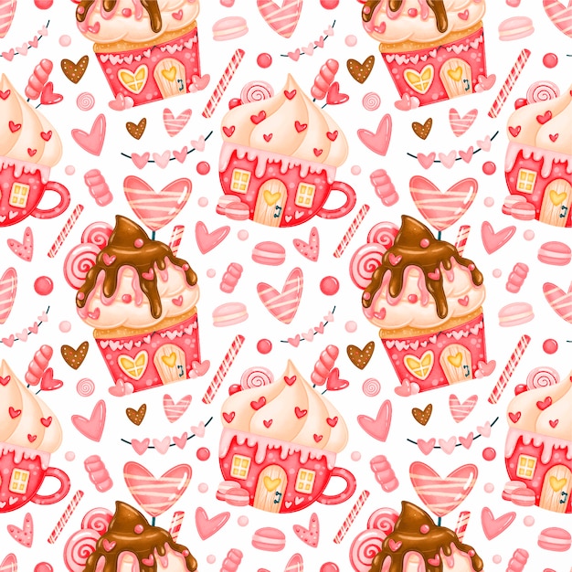 Valentine's day cute seamless pattern. valentine's gingerbread houses pattern. valentine's sweets pattern.