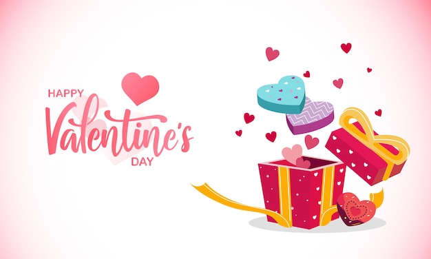 Vector valentine's day design with gifts boxes open gift box full of decorative festive object holiday